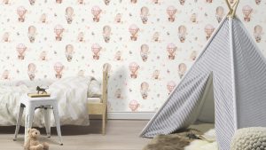 Papel mural infantil non-woven lavable para interiores con diseño de animalitos en globo aerostático