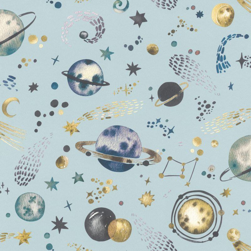 Papel mural infantil non-woven lavable para interiores con diseño de galaxia, estrellas, cometas y planetas