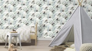 Papel mural infantil non-woven lavable para interiores con diseño de pandas sobre eucaliptus