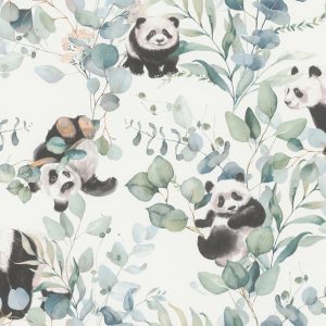 Papel mural infantil non-woven lavable para interiores con diseño de pandas sobre eucaliptus