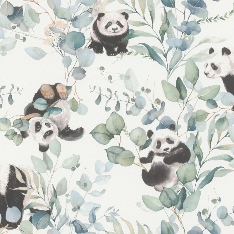 Papel mural infantil non-woven lavable para interiores con diseño de pandas sobre eucaliptus