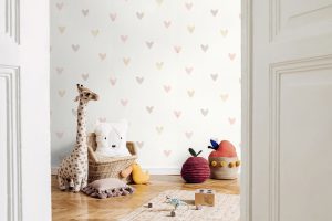 Papel mural infantil non-woven lavable con diseño de corazones de acuarela para habitaciones infantil o de niños