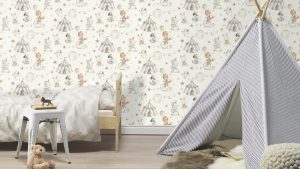 Papel mural infantil non-woven lavable con diseño de animales en el circo instalado en habitación de niños