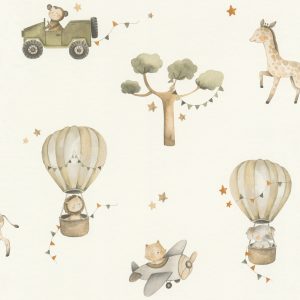 Papel mural infantil non-woven lavable con diseño animales. Un mono en un jeep, un león y un elefante en globos aerostáticos, y un gatito en un avión