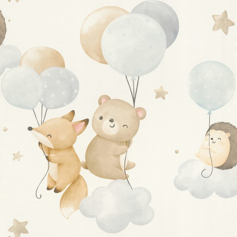 Papel mural infantil non-woven lavable con diseño de animales como un zorro, un oso y un erizo flotan alegremente en las nubes, sosteniendo con cariño globos de colores