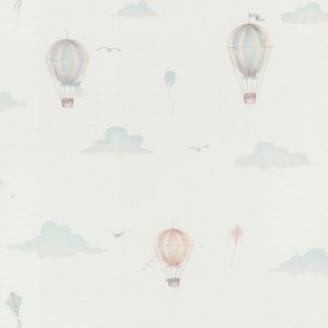 Papel mural infantil non-woven lavable con diseño de globos aerostáticos de colores pastel flotan plácidamente entre delicadas nubes, pequeños pájaros y globos de colores.