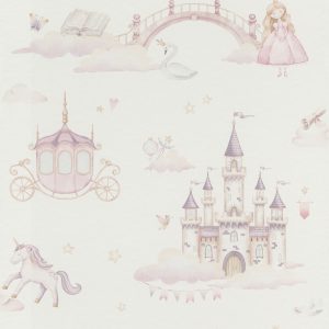 Papel mural infantil non-woven lavable con diseño de princesa, un castillo, un unicornio y una carroza real.