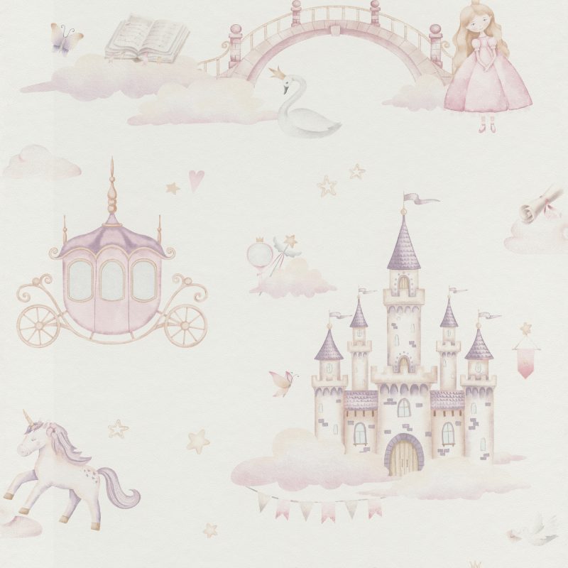 Papel mural infantil non-woven lavable con diseño de princesa, un castillo, un unicornio y una carroza real.