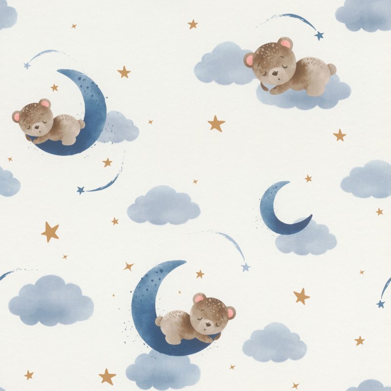 Papel mural infantil non-woven lavable con diseño de osos sobre lunas y nubes azules y estrellas doradas