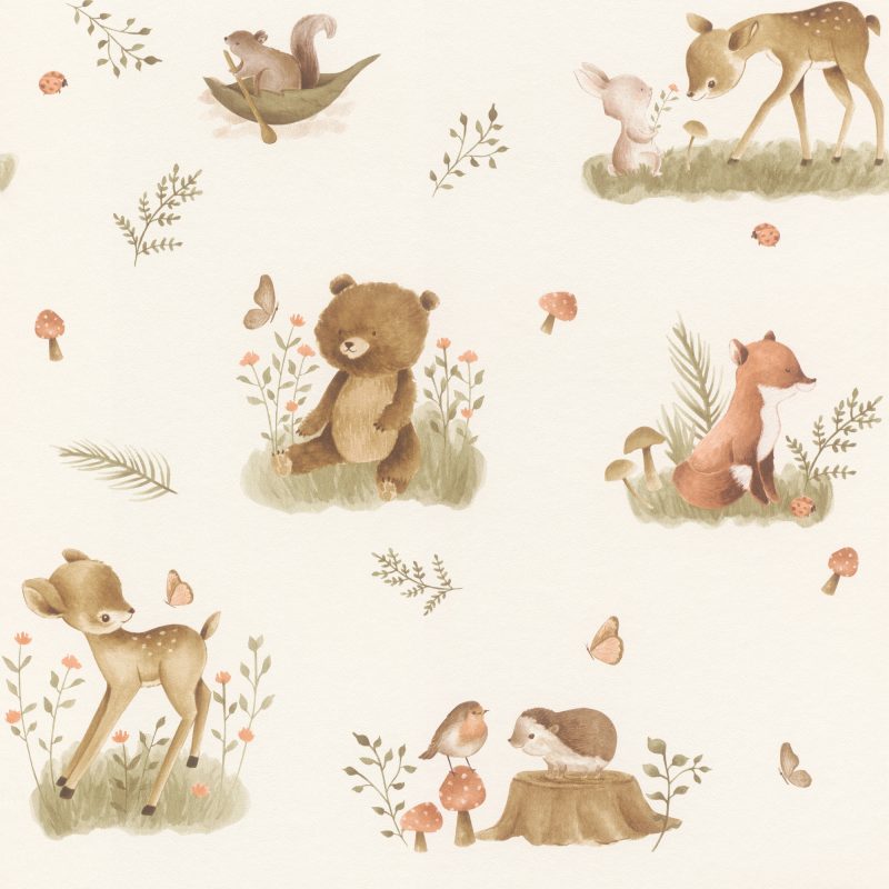 Papel mural infantil non-woven lavable con diseño de animalitos del bosque