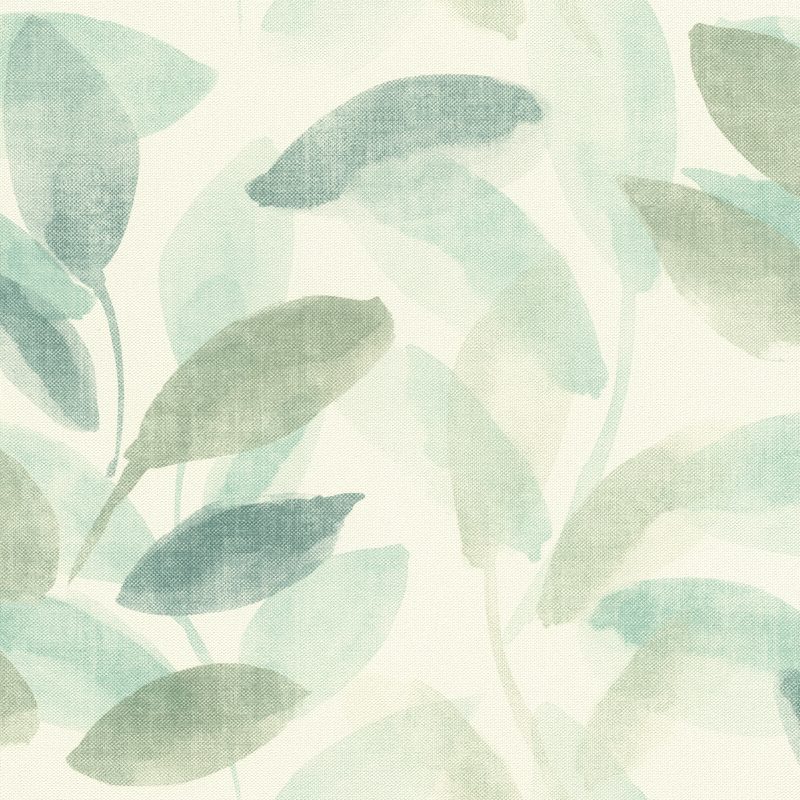 Papel mural non-woven lavable para interiores con un diseño de hojas delicadas en tonos verdes, con efecto acuarela.