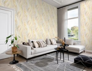 Papel mural non-woven lavable para interiores con un diseño de grandes hojas que forman suaves ondas acuareladas