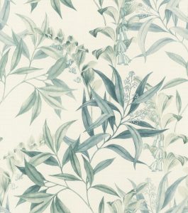 Papel mural non-woven lavable para interiores con un delicado diseño de hojas y flores acampanadas en acuarela