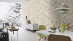 Papel mural non-woven lavable para interiores con estampado floral y hojas