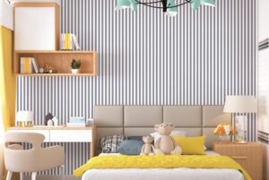 Papel mural infantil Kids & Kids Muresco diseño rayas vinílico lavable, para dormitorios de niños y niñas.
