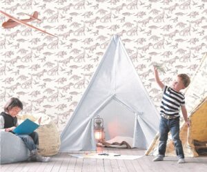 Papel mural infantil Kids & Kids Muresco diseño dinosaurios vinílico lavable, para dormitorios de niños y niñas.